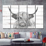Highland Cow White Wood Background Canvas Print 5 Piece B Multi Panels Canvas Prints Wall Art - Painting Canvas,Wall Decor