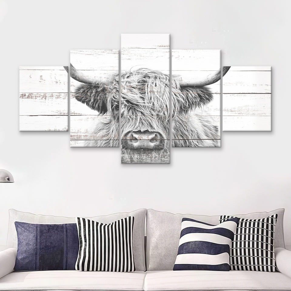 Highland Cow White Wood Background Canvas Print 5 Piece Multi Panels Canvas Prints Wall Art - Painting Canvas,Wall Decor