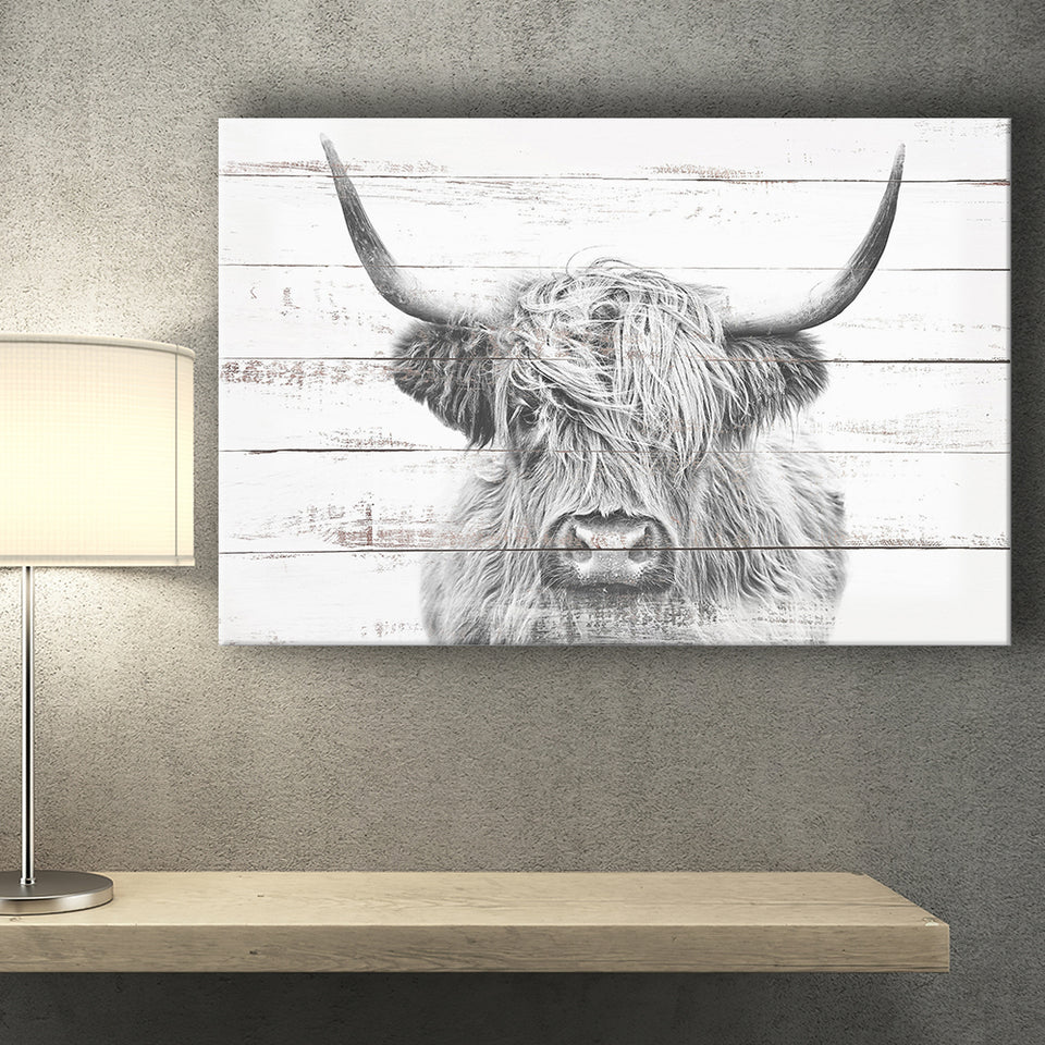Highland Cow White Wood Background Canvas Print Canvas Prints Wall Art - Painting Canvas,Wall Decor,Art Print,Home Decor