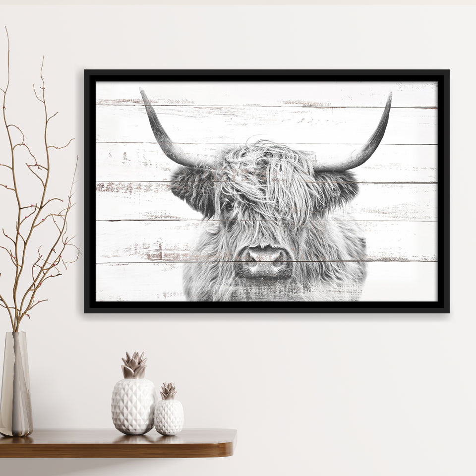Highland Cow White Wood Background Canvas Print Framed Canvas Prints Wall Art - Painting Canvas,Framed Picture,Home Art Wall Decor