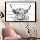 Highland Cow White Wood Background Canvas Print Framed Canvas Prints Wall Art - Painting Canvas,Framed Picture,Home Art Wall Decor