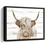 Highland Cow White Wood Background Sepia Framed Canvas Prints Wall Art - Painting Canvas,Framed Picture,Home Art Wall Decor
