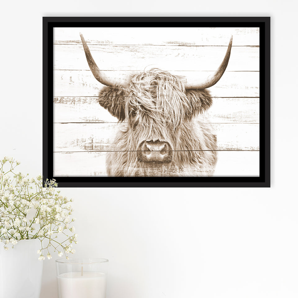 Highland Cow White Wood Background Sepia Framed Canvas Prints Wall Art - Painting Canvas,Framed Picture,Home Art Wall Decor