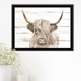 Highland Cow White Wood Background Sepia Framed Canvas Prints Wall Art - Painting Canvas,Framed Picture,Home Art Wall Decor