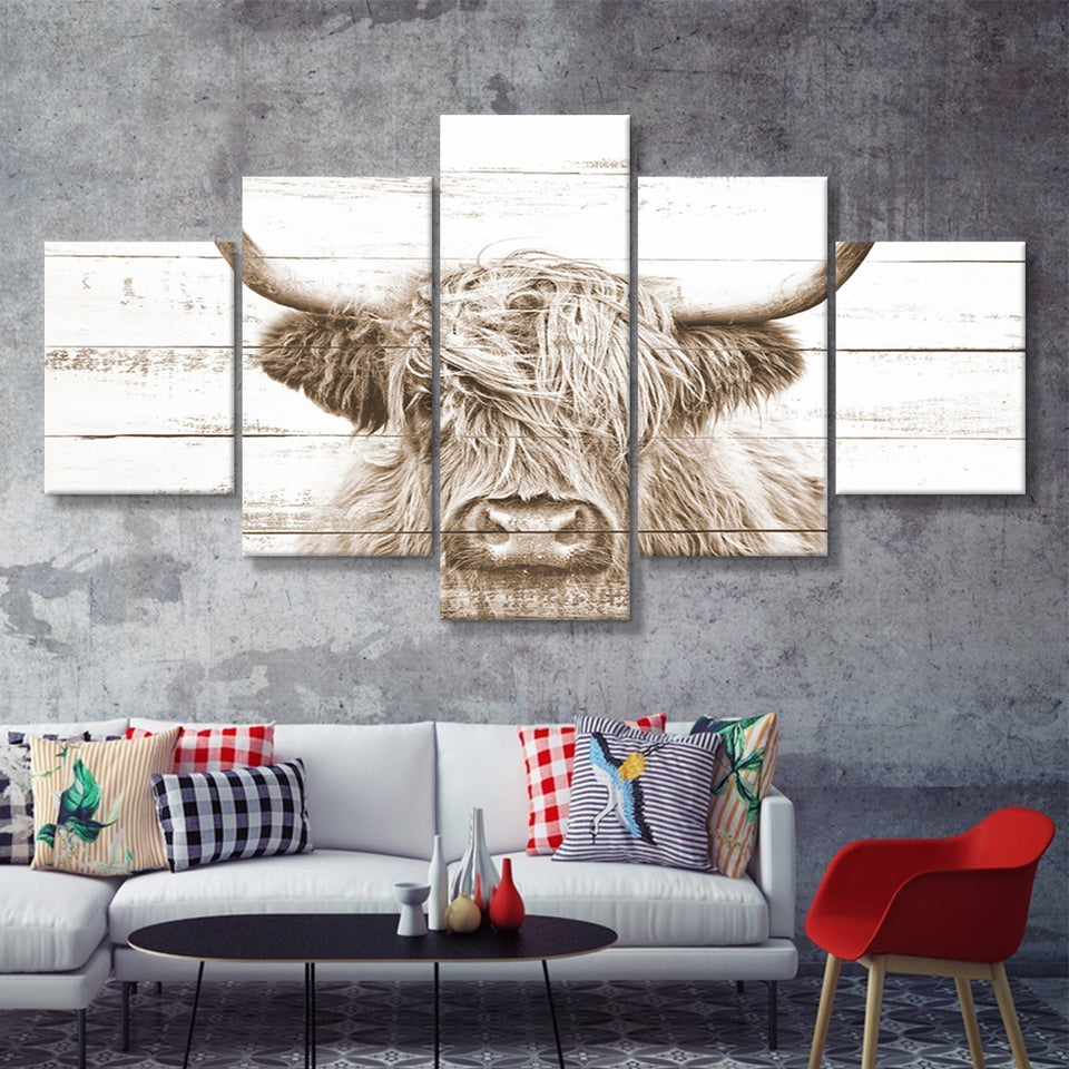 Highland Cow White Wood Background Sepia 5 Piece Multi Panels Canvas Prints Wall Art - Painting Canvas,Wall Decor