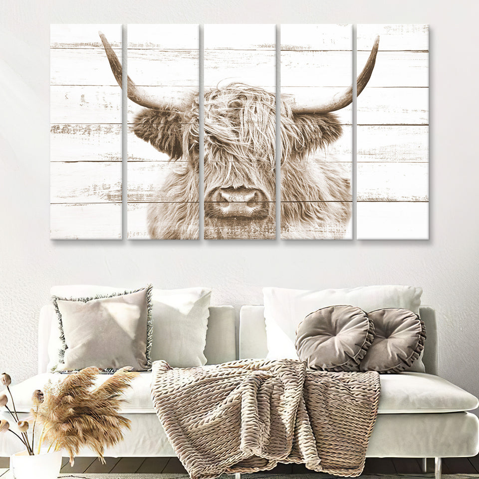 Highland Cow White Wood Background Sepia 5 Piece B Multi Panels Canvas Prints Wall Art - Painting Canvas,Wall Decor