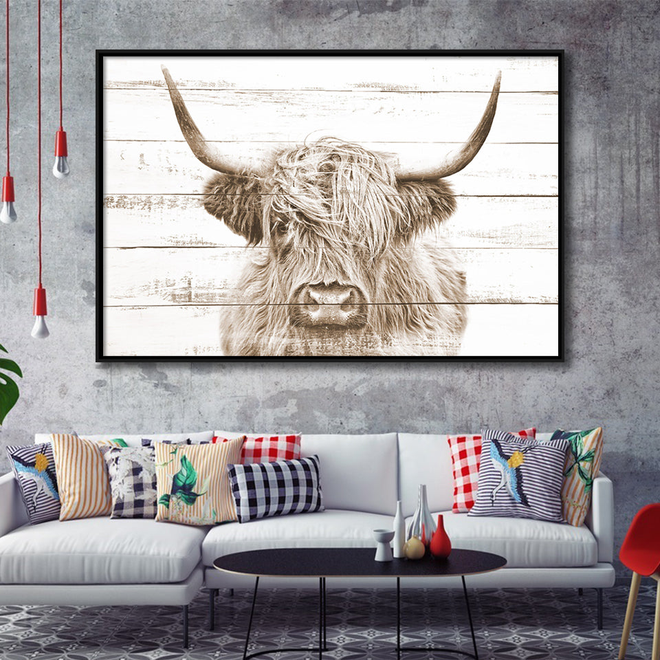 Highland Cow White Wood Background Sepia Framed Canvas Prints Wall Art - Painting Canvas,Framed Picture,Home Art Wall Decor