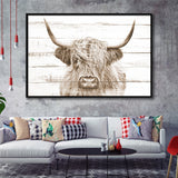 Highland Cow White Wood Background Sepia Framed Canvas Prints Wall Art - Painting Canvas,Framed Picture,Home Art Wall Decor
