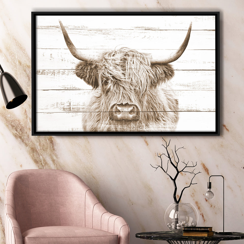 Highland Cow White Wood Background Sepia Framed Canvas Prints Wall Art - Painting Canvas,Framed Picture,Home Art Wall Decor