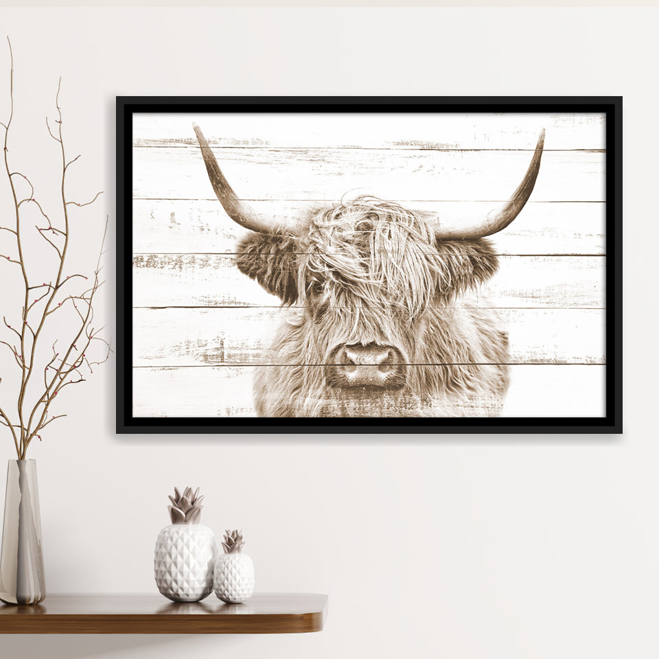 Highland Cow White Wood Background Sepia Framed Canvas Prints Wall Art - Painting Canvas,Framed Picture,Home Art Wall Decor