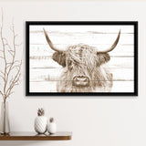 Highland Cow White Wood Background Sepia Framed Canvas Prints Wall Art - Painting Canvas,Framed Picture,Home Art Wall Decor