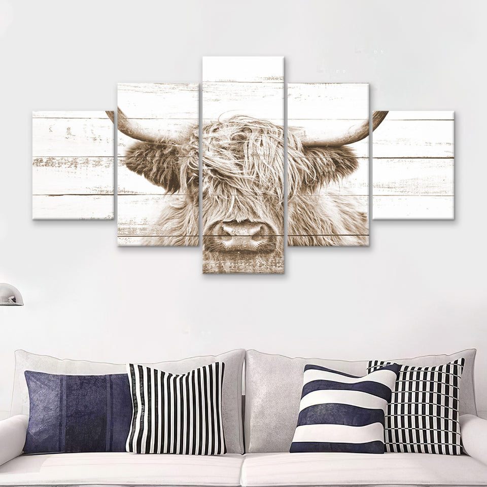 Highland Cow White Wood Background Sepia 5 Piece Multi Panels Canvas Prints Wall Art - Painting Canvas,Wall Decor