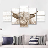 Highland Cow White Wood Background Sepia 5 Piece Multi Panels Canvas Prints Wall Art - Painting Canvas,Wall Decor