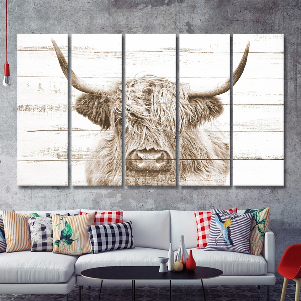 Highland Cow White Wood Background Sepia 5 Piece B Multi Panels Canvas Prints Wall Art - Painting Canvas,Wall Decor