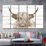 Highland Cow White Wood Background Sepia 5 Piece B Multi Panels Canvas Prints Wall Art - Painting Canvas,Wall Decor