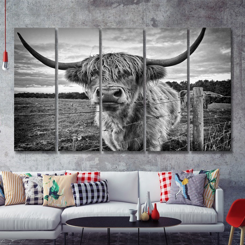 Highland Cow In Nature 5 Pieces B Canvas Prints Wall Art - Painting Canvas, Multi Panels,5 Panel, Wall Decor