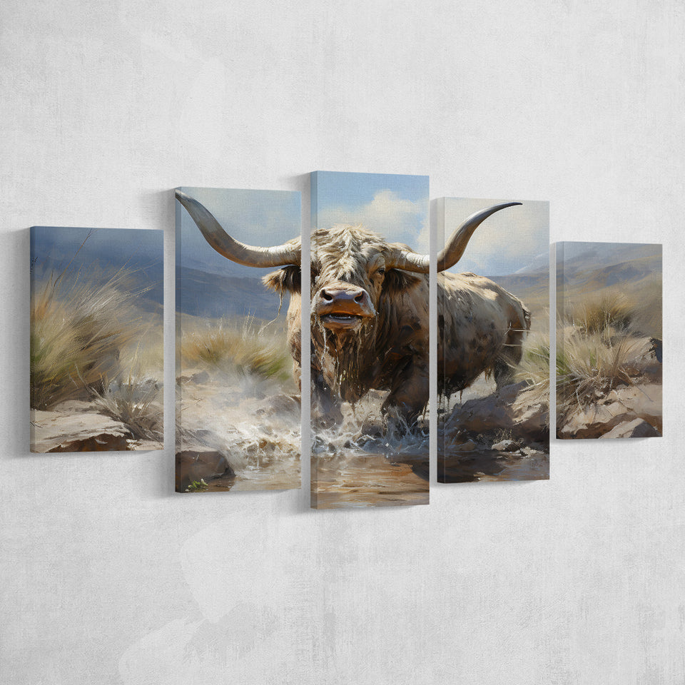 Highland Cow Longhorn Art 5 Panels Canvas Prints Wall Art Home Decor, Large Mixed Canvas