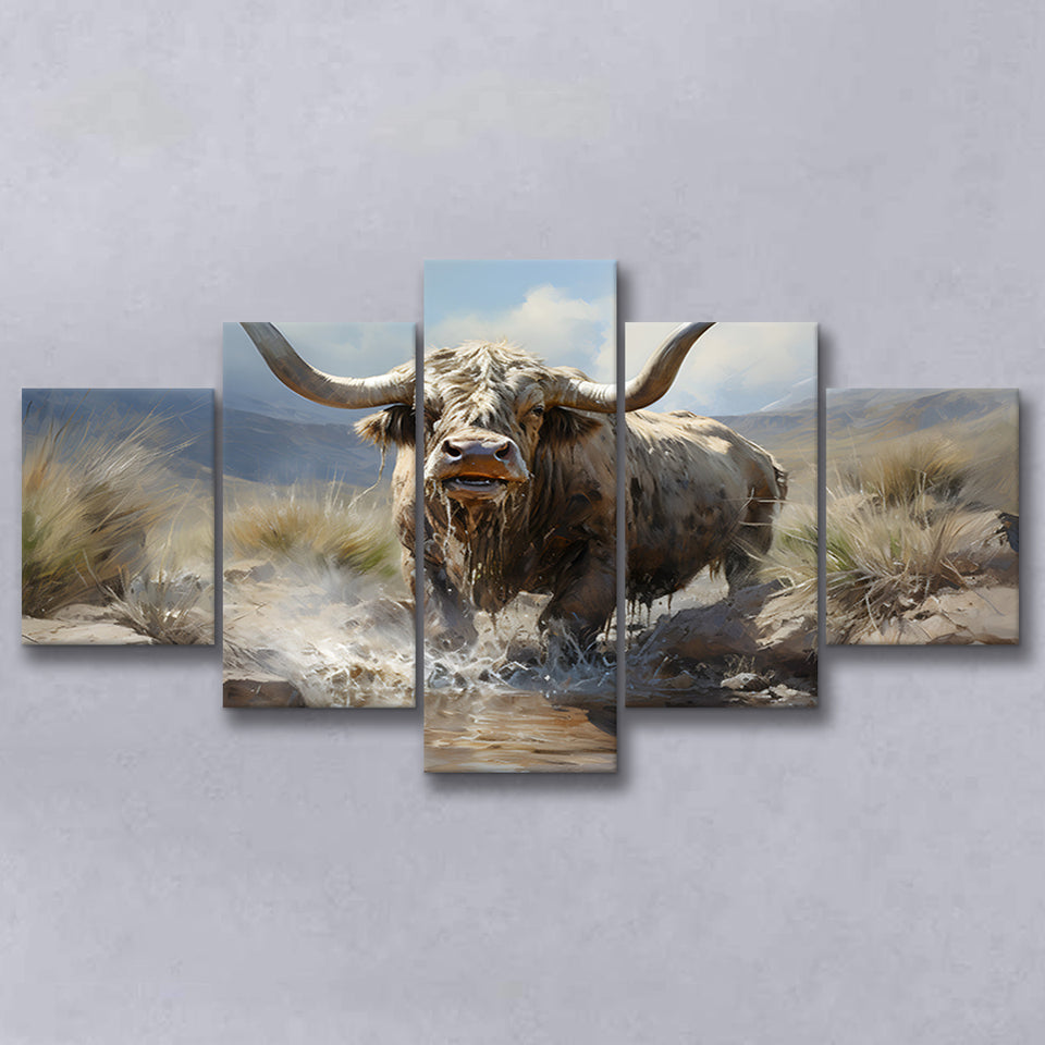 Highland Cow Longhorn Art 5 Panels Canvas Prints Wall Art Home Decor, Large Mixed Canvas