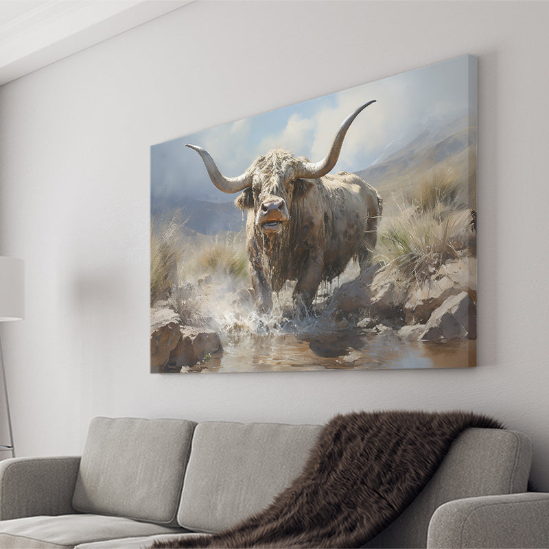 Highland Cow Longhorn Art Canvas Prints Wall Art Home Decor, Painting Canvas, Living Room Wall Decor