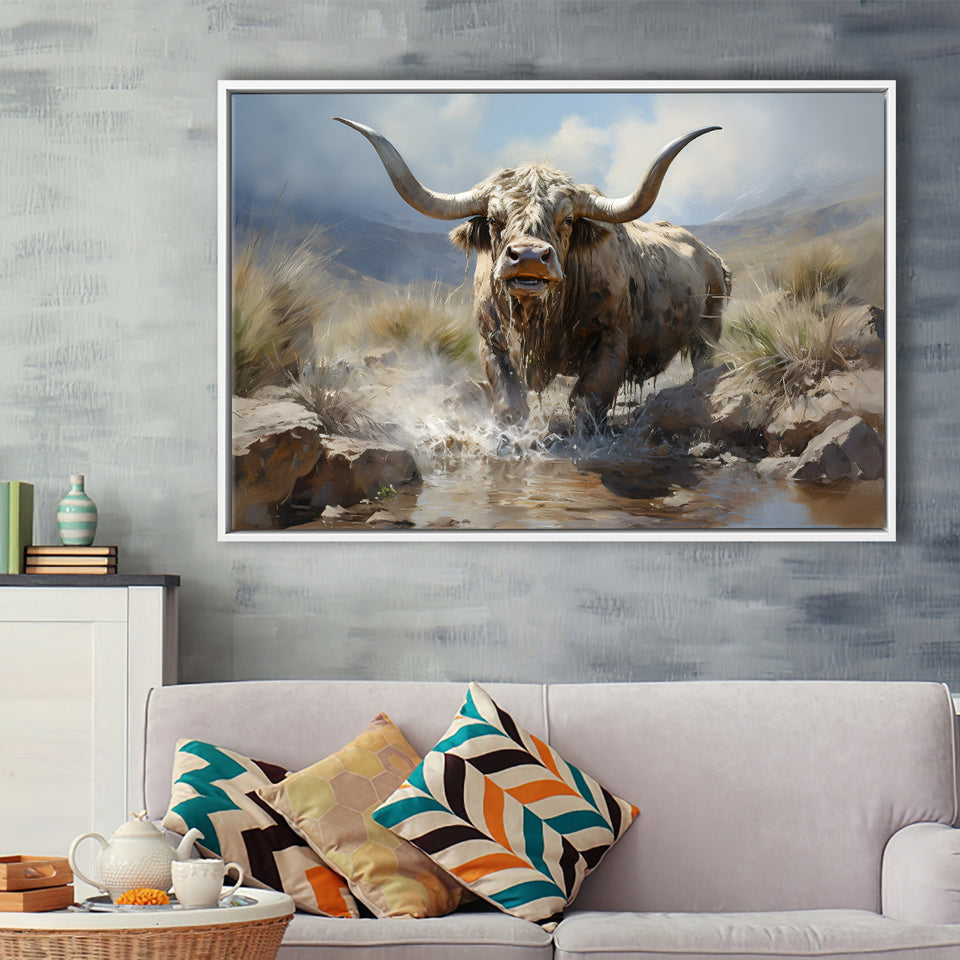 Highland Cow Longhorn Art Framed Canvas Prints Wall Art Home Decor, Painting Canvas, Floating Frame