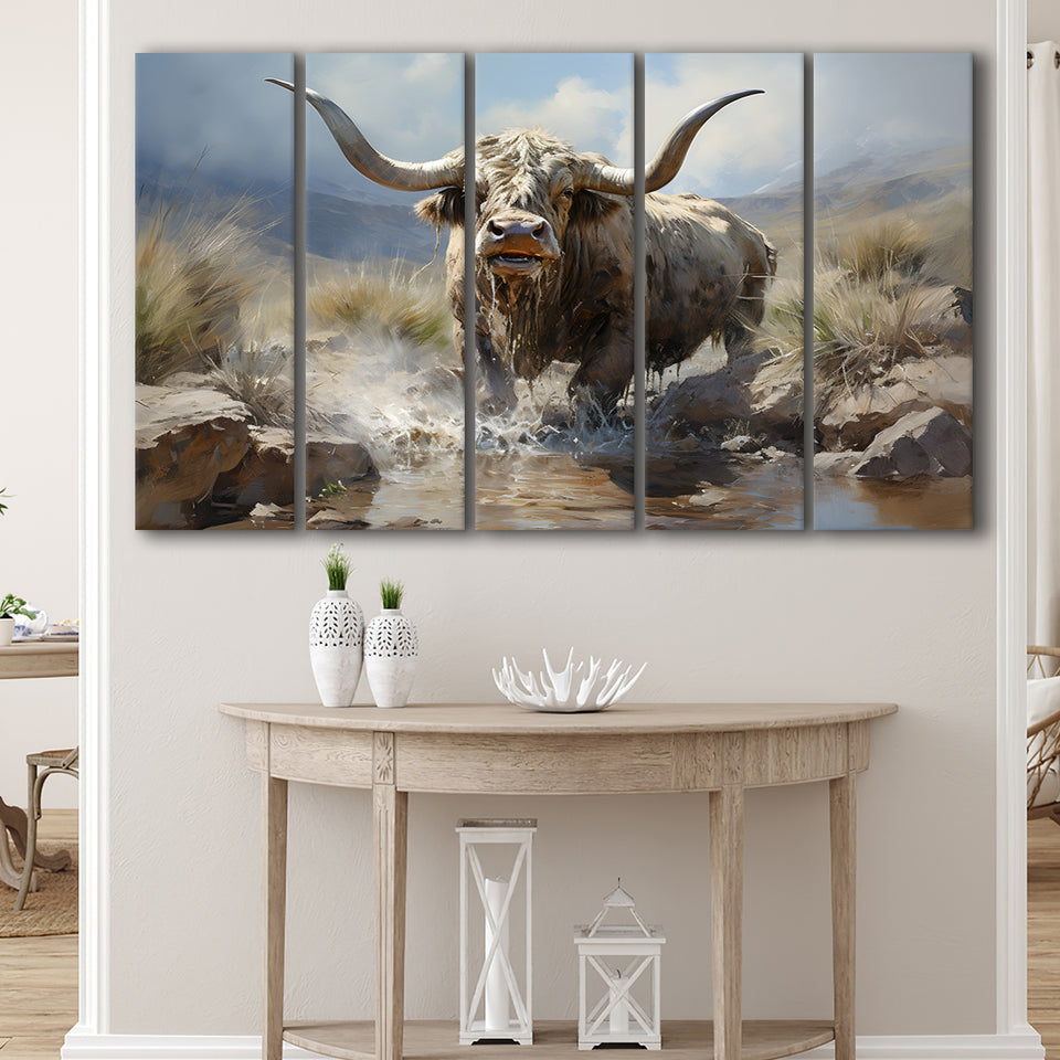 Highland Cow Longhorn Art 5 Panels B Canvas Prints Wall Art Home Decor, Extra Large Canvas