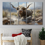 Highland Cow Longhorn Art 5 Panels B Canvas Prints Wall Art Home Decor, Extra Large Canvas