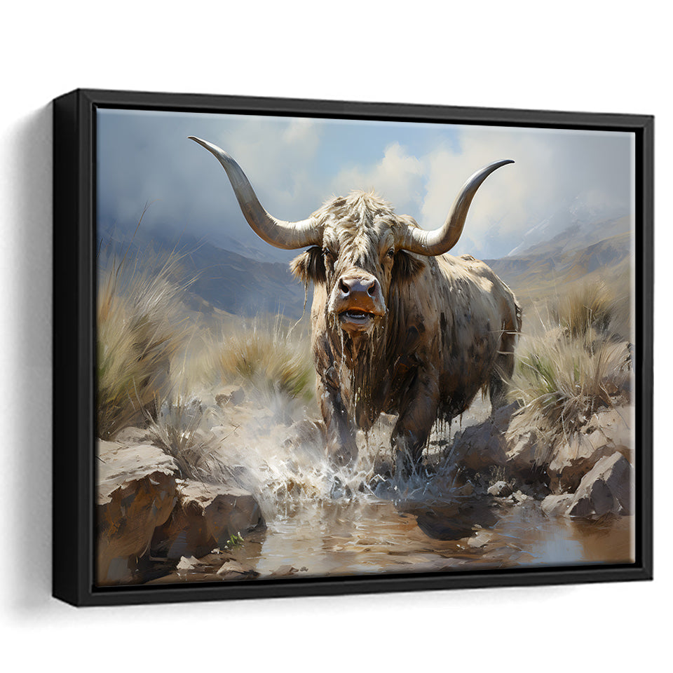 Highland Cow Longhorn Art Framed Canvas Prints Wall Art Home Decor, Painting Canvas, Floating Frame