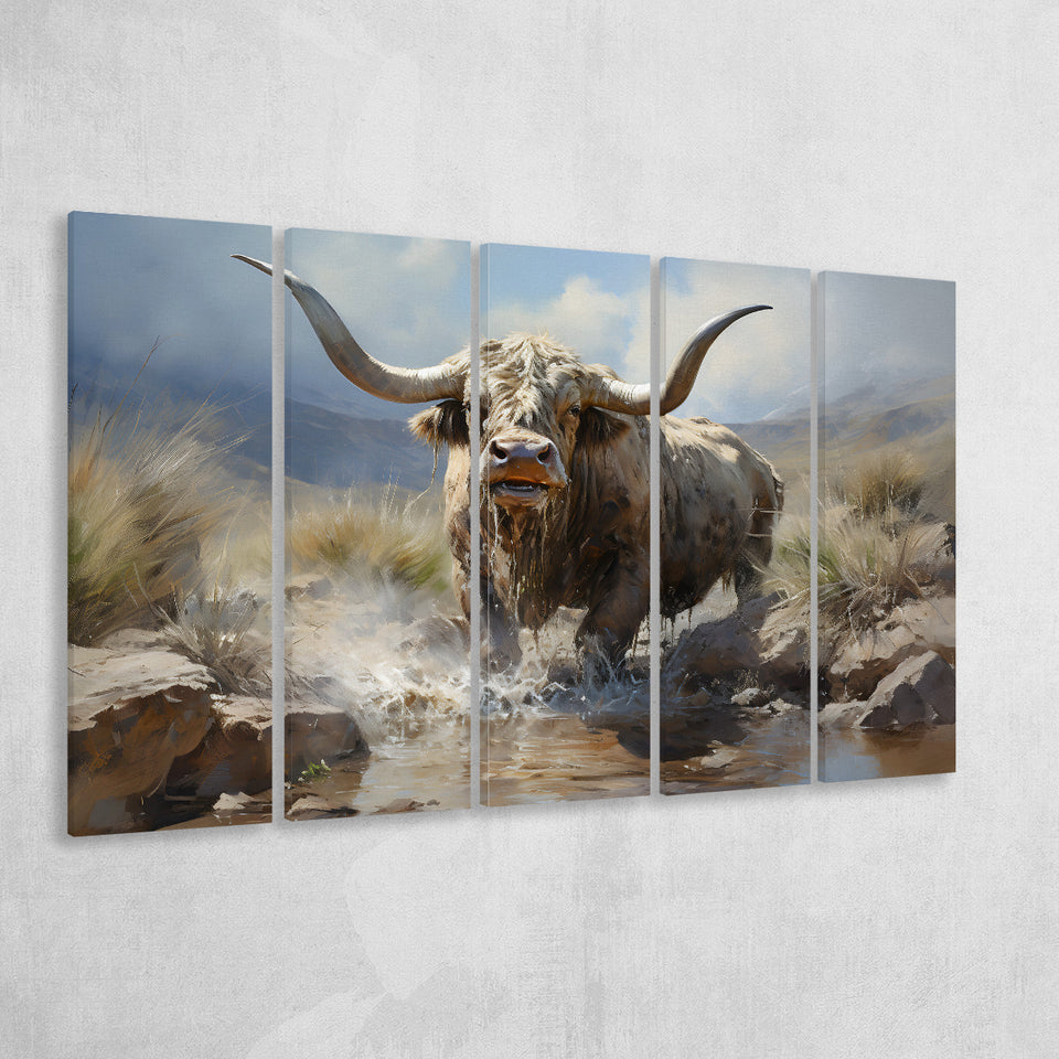 Highland Cow Longhorn Art 5 Panels B Canvas Prints Wall Art Home Decor, Extra Large Canvas