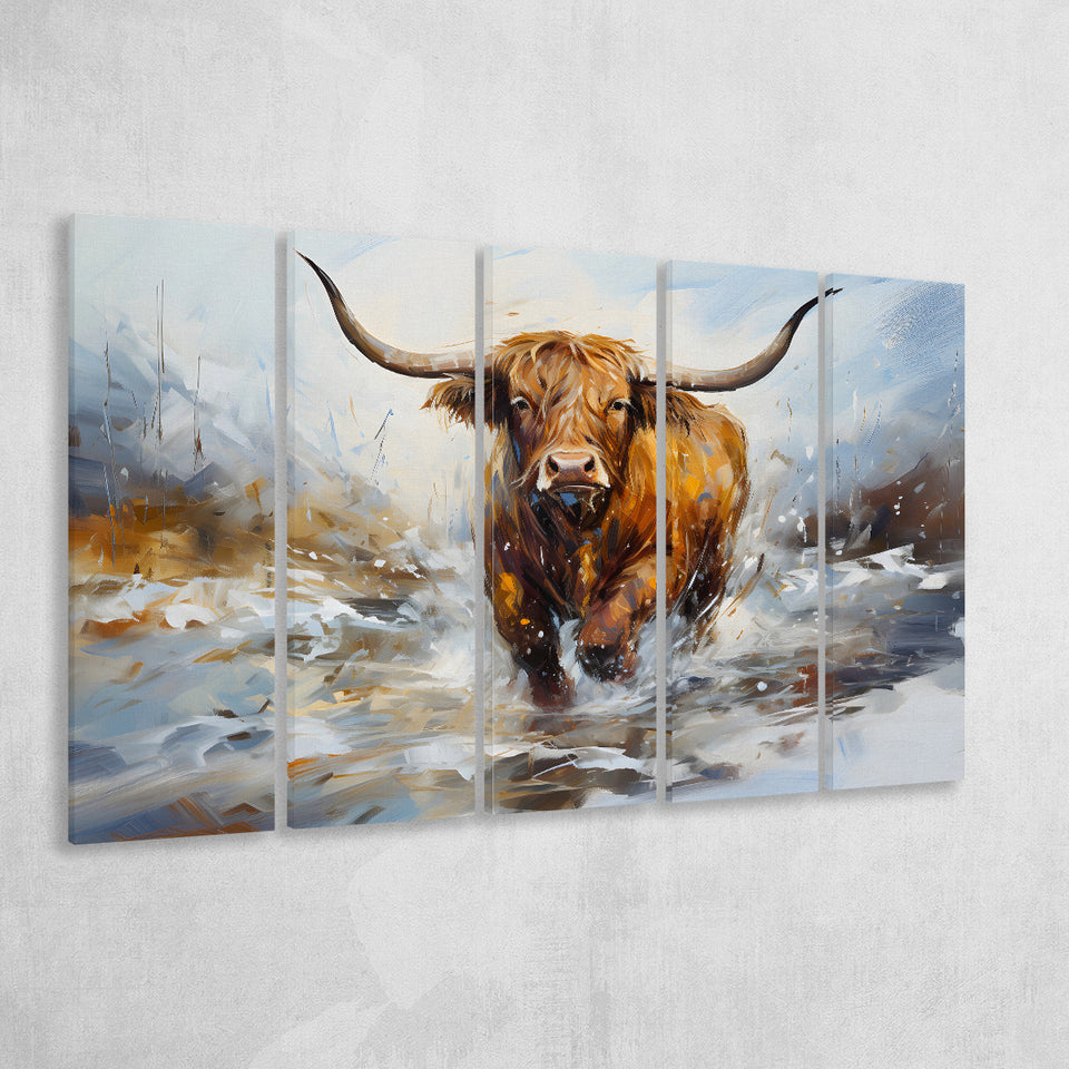 Highland Cow Portrait Oil Painting 5 Panels B Canvas Prints Wall Art Home Decor, Extra Large Canvas