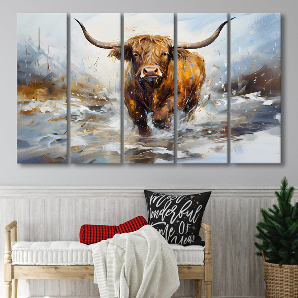 Highland Cow Portrait Oil Painting 5 Panels B Canvas Prints Wall Art Home Decor, Extra Large Canvas