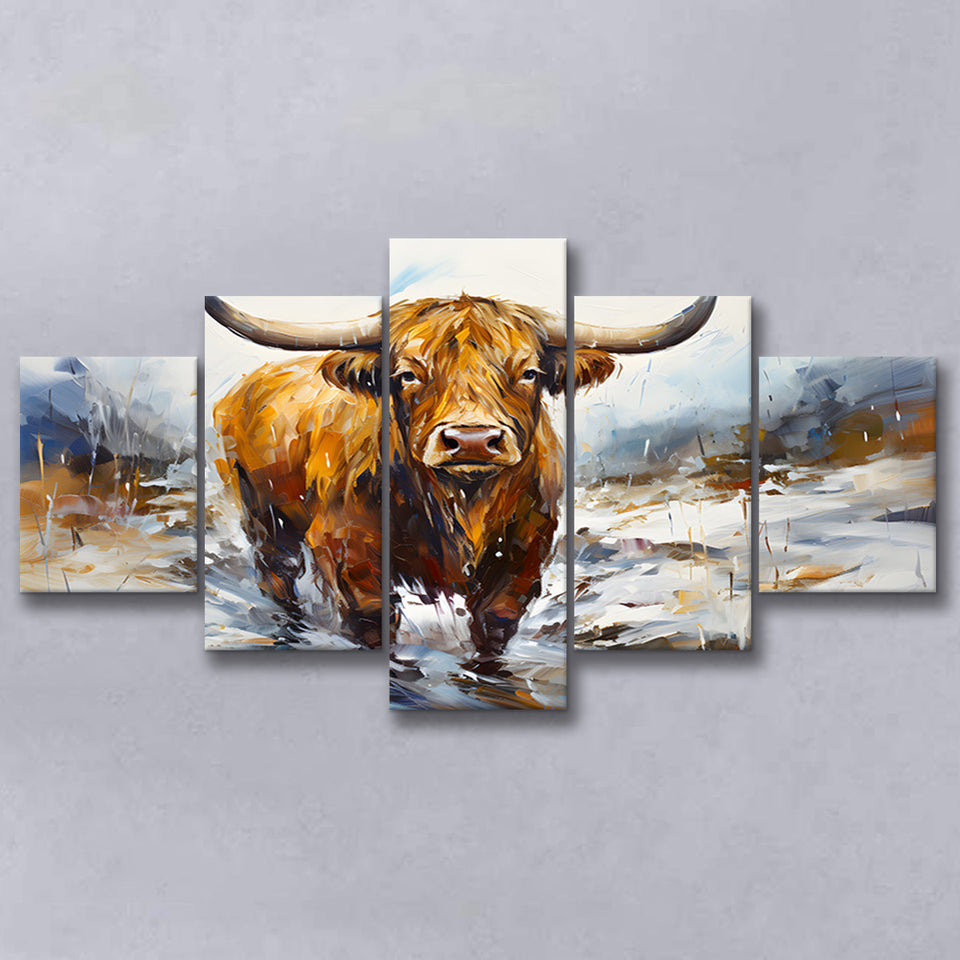 Highland Cow Portrait Oil Painting V1 5 Panels Canvas Prints Wall Art Home Decor, Large Mixed Canvas