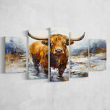 Highland Cow Portrait Oil Painting V1 5 Panels Canvas Prints Wall Art Home Decor, Large Mixed Canvas