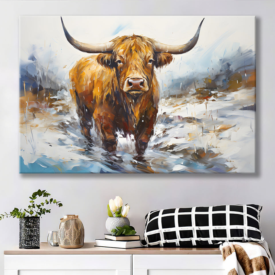 Highland Cow Portrait Oil Painting V1 Canvas Prints Wall Art Home Decor, Painting Canvas, Living Room Wall Decor