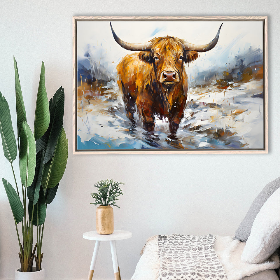Highland Cow Portrait Oil Painting V1 Framed Canvas Prints Wall Art Home Decor, Painting Canvas, Floating Frame