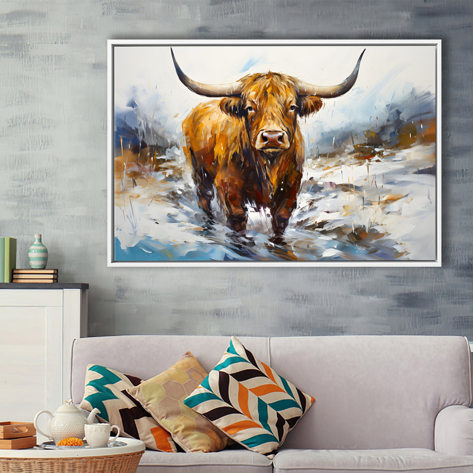 Highland Cow Portrait Oil Painting V1 Framed Canvas Prints Wall Art Home Decor, Painting Canvas, Floating Frame