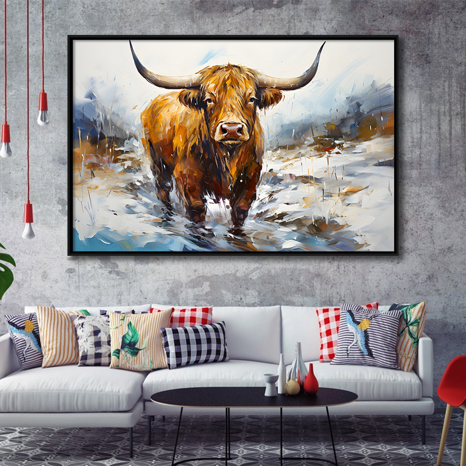 Highland Cow Portrait Oil Painting V1 Framed Canvas Prints Wall Art Home Decor, Painting Canvas, Floating Frame