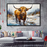 Highland Cow Portrait Oil Painting V1 Framed Canvas Prints Wall Art Home Decor, Painting Canvas, Floating Frame