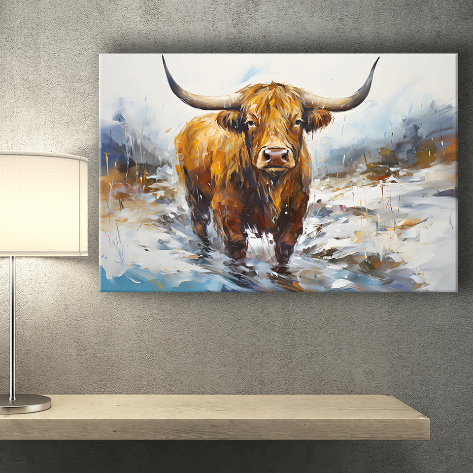 Highland Cow Portrait Oil Painting V1 Canvas Prints Wall Art Home Decor, Painting Canvas, Living Room Wall Decor