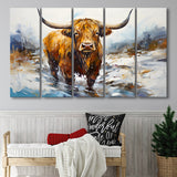 Highland Cow Portrait Oil Painting V1 5 Panels B Canvas Prints Wall Art Home Decor, Extra Large Canvas