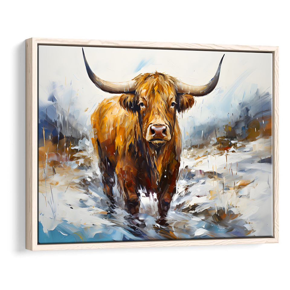 Highland Cow Portrait Oil Painting V1 Framed Canvas Prints Wall Art Home Decor, Painting Canvas, Floating Frame