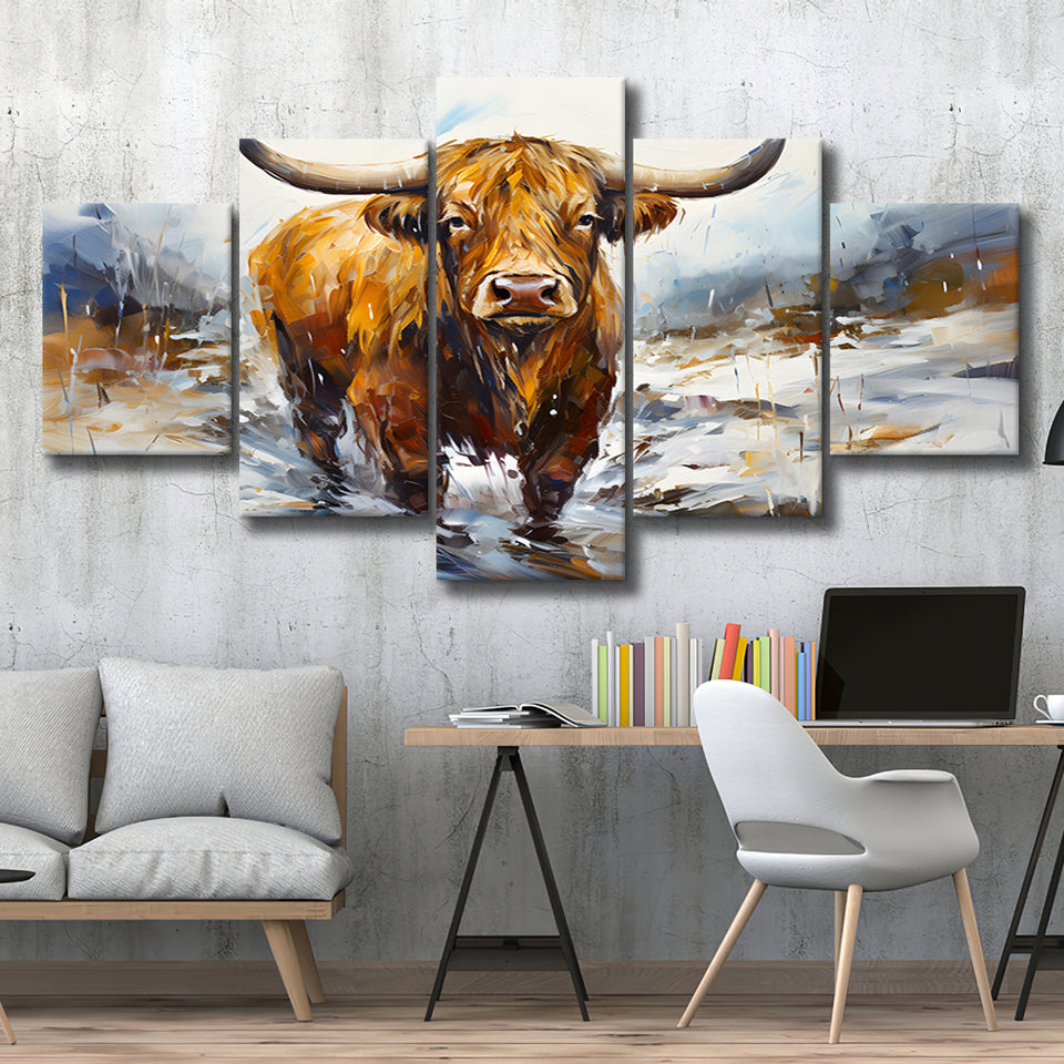 Highland Cow Portrait Oil Painting V1 5 Panels Canvas Prints Wall Art Home Decor, Large Mixed Canvas