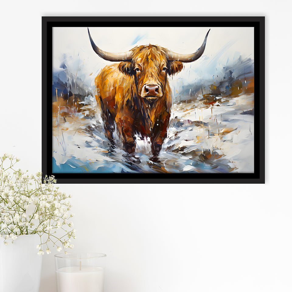 Highland Cow Portrait Oil Painting V1 Framed Canvas Prints Wall Art Home Decor, Painting Canvas, Floating Frame