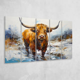 Highland Cow Portrait Oil Painting V1 5 Panels B Canvas Prints Wall Art Home Decor, Extra Large Canvas