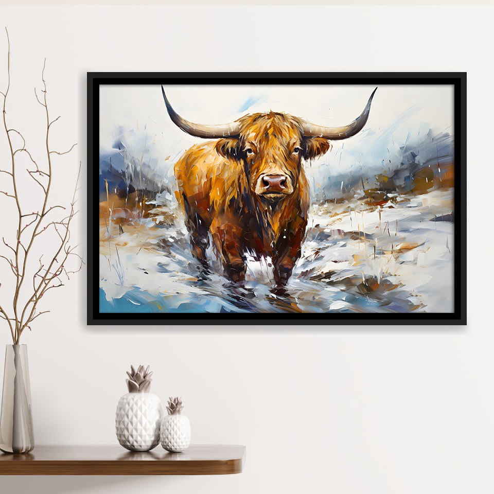Highland Cow Portrait Oil Painting V1 Framed Canvas Prints Wall Art Home Decor, Painting Canvas, Floating Frame