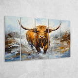 Highland Cow Portrait Oil Painting V2 5 Panels B Canvas Prints Wall Art Home Decor, Extra Large Canvas