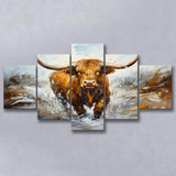 Highland Cow Portrait Oil Painting V2 5 Panels Canvas Prints Wall Art Home Decor, Large Mixed Canvas