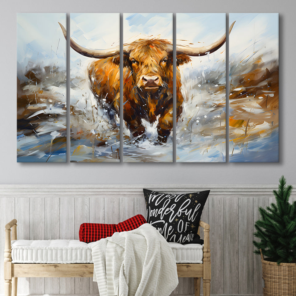 Highland Cow Portrait Oil Painting V2 5 Panels B Canvas Prints Wall Art Home Decor, Extra Large Canvas