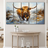 Highland Cow Portrait Oil Painting V2 5 Panels B Canvas Prints Wall Art Home Decor, Extra Large Canvas