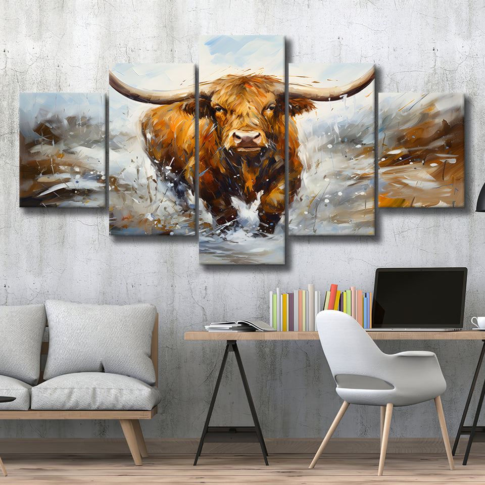 Highland Cow Portrait Oil Painting V2 5 Panels Canvas Prints Wall Art Home Decor, Large Mixed Canvas