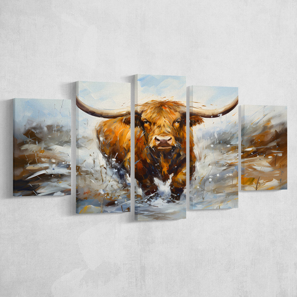 Highland Cow Portrait Oil Painting V2 5 Panels Canvas Prints Wall Art Home Decor, Large Mixed Canvas
